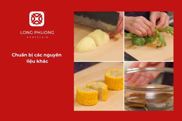 Chuẩn bị các nguyên liệu khác cho món lẩu cá hồi kiểu Nhật