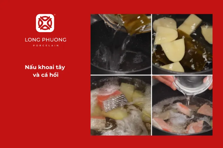 Nấu khoai tây và cá hồi cho món lẩu cá hồi kiểu Nhật