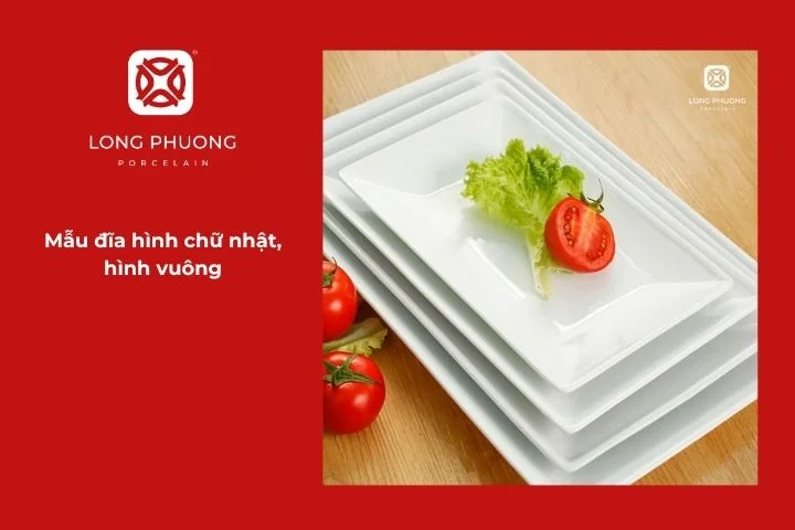 Đĩa sứ hình chữ nhật và vuông dùng bày gỏi xoài và khô cá nướng