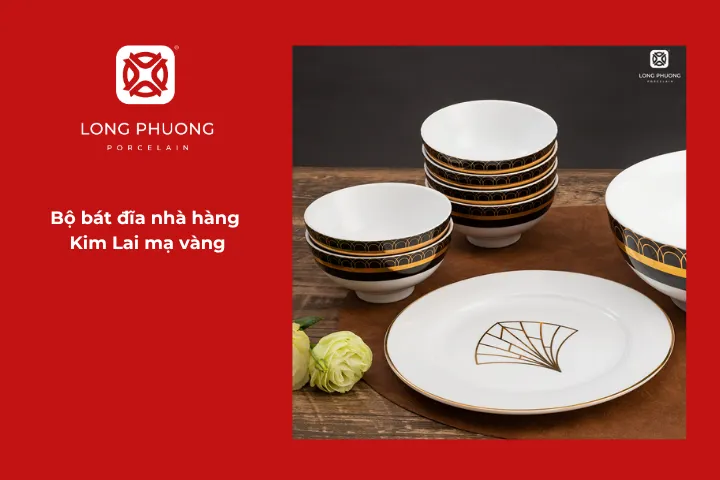 Bộ bát đĩa Kim Lai kết hợp màu sắc đen trắng và ánh vàng sang trọng, tạo vẻ đẹp đẳng cấp, hiện đại và cuốn hút