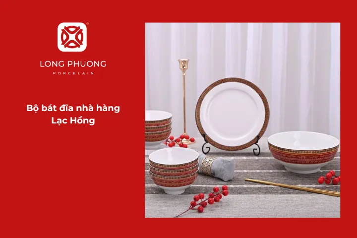 Bộ bát đĩa Lạc Hồng nổi bật với họa tiết chim hạc mang ý nghĩa may mắn