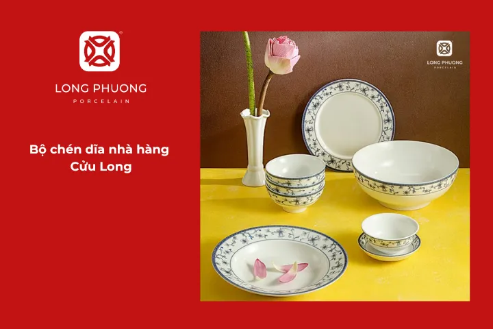 Bộ bát đĩa Cửu Long họa tiết cổ điển xanh lam, hoàn hảo cho nhà hàng phong cách truyền thống Việt Nam