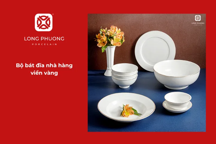Bộ bát đĩa viền vàng thanh lịch và sang trọng, tạo không gian ấm cúng và tinh tế cho nhà hàng, khách sạn