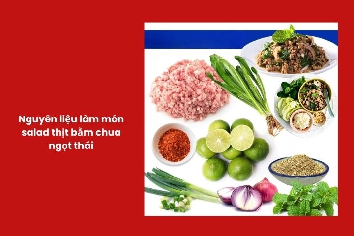 nguyên liệu làm salad thịt bằm chua ngọt thái gồm thịt heo, rau thơm, chanh và gạo rang