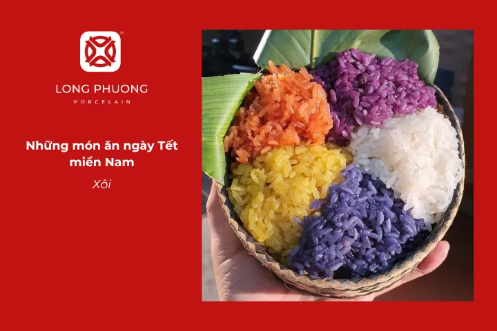 Xôi, với màu sắc và hương vị đặc trưng, được dùng trong Tết để cầu may mắn và sung túc cho cả năm