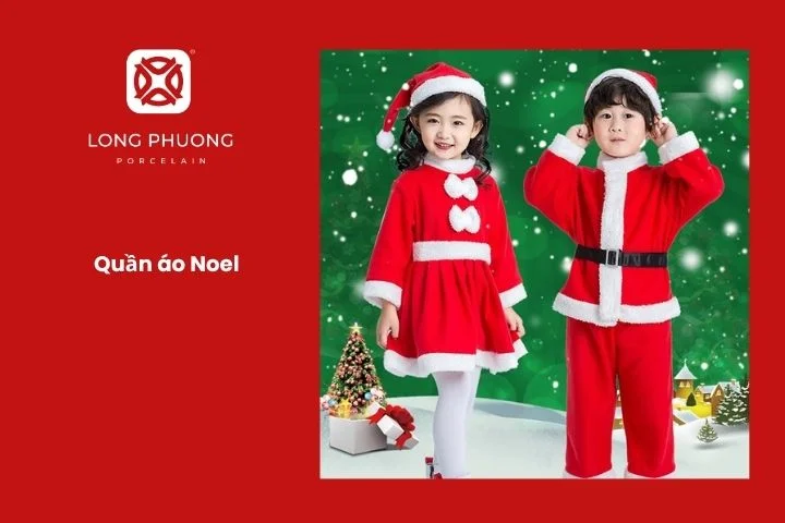 Bộ trang phục ông già Noel dành cho bé trai và váy đỏ cho bé gái.