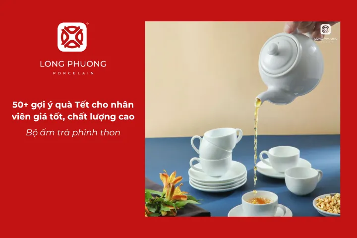 Bộ ấm trà phình thon thanh nhã, thể hiện sự quan tâm và tình cảm của doanh nghiệp
