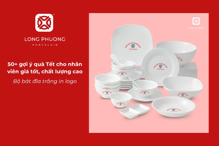 Bộ bát đĩa trắng in logo là món quà Tết tinh tế để gửi lời cảm ơn đến nỗ lực của nhân viên