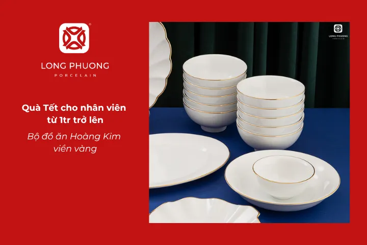 Bộ đồ ăn Hoàng Kim viền vàng là món quà Tết cho nhân viên sang trọng, nâng tầm mâm cơm và gửi gắm lời chúc may mắn, thịnh vượng