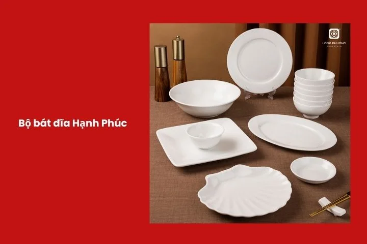 Bộ bát đĩa Hạnh Phúc men trắng sáng bóng