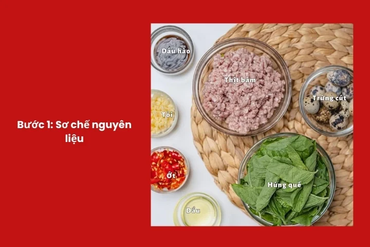 Sơ chế thịt băm, lá quế, tỏi và ớt trước khi xào món thịt băm lá quế