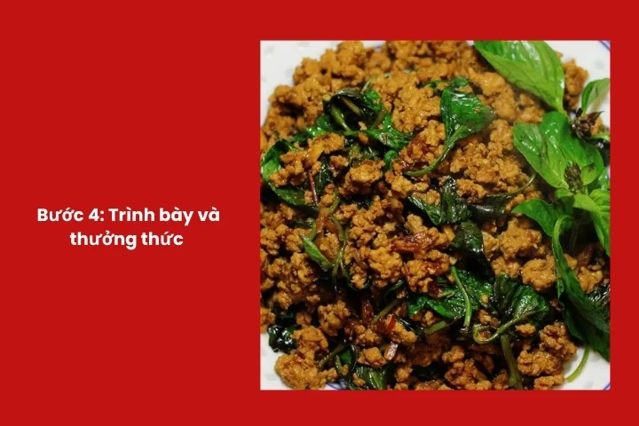 Thịt băm xào lá quế hoàn thiện bày trên đĩa đẹp mắt