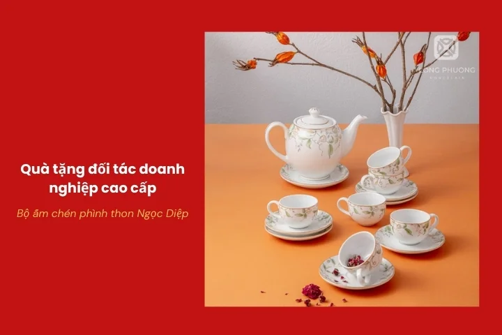 Bộ ấm chén phình thon hoa Ngọc Diệp tặng doanh nghiệp