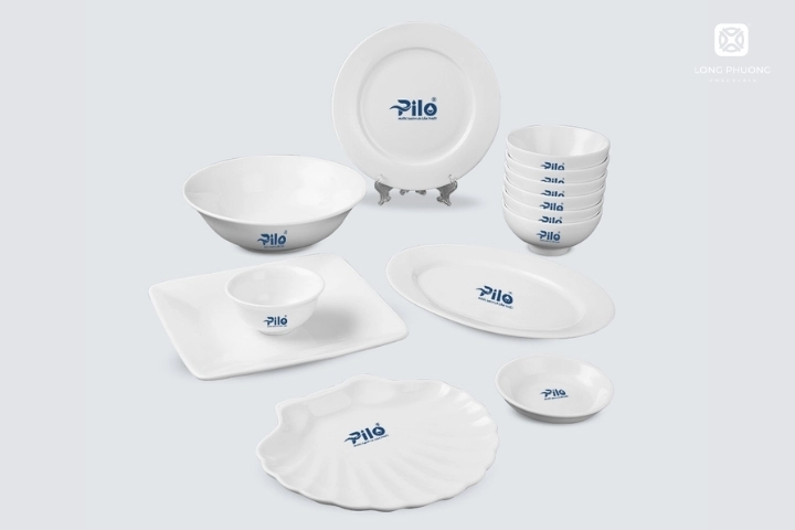Bộ bát đĩa Hạnh Phúc 13 món sứ trắng in logo tinh tế
