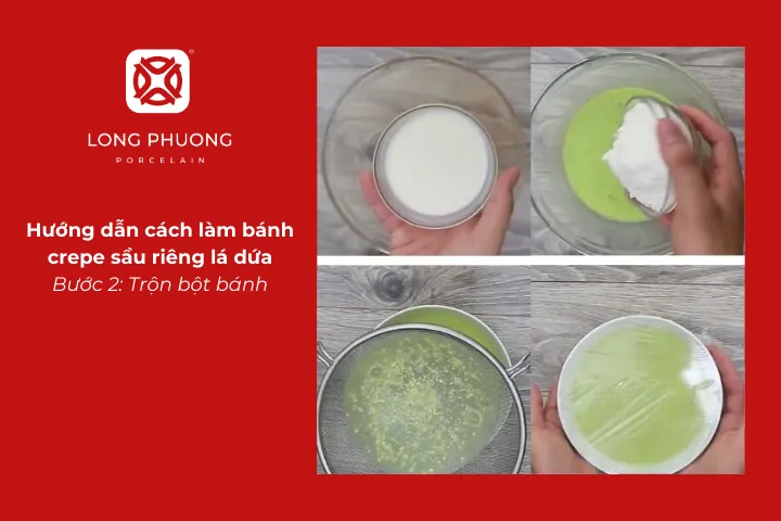 Trộn bột cho bánh crepe sầu riêng lá dứa
