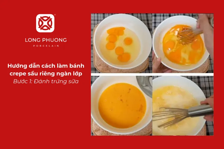 Đánh trứng sữa cho món bánh crepe sầu riêng ngàn lớp