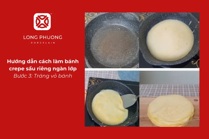 Tráng vỏ bánh crepe sầu riêng ngàn lớp