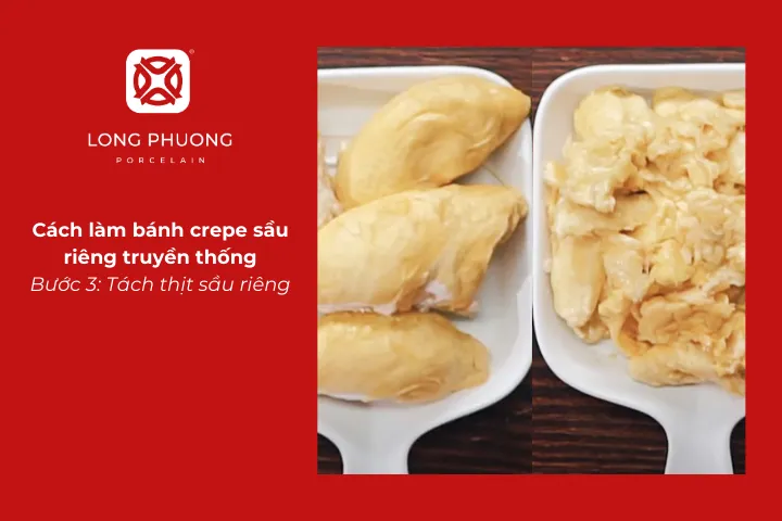 Tách thịt sầu riêng làm nhân cho bánh crepe sầu riêng truyền thống
