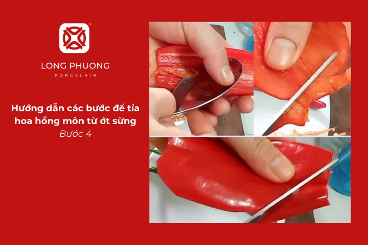 Cắt tỉa miếng thân ớt thành hình cánh hoa